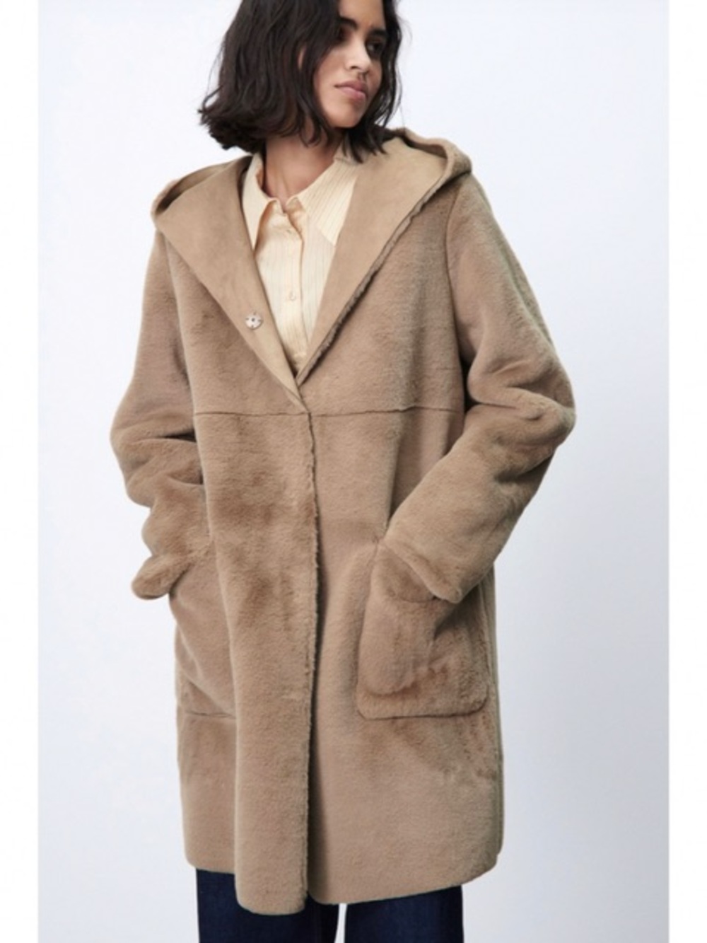 Zara Reversible Teddy So Soft Women's Hooded vegan faux fur Coat Taupe Camel XS